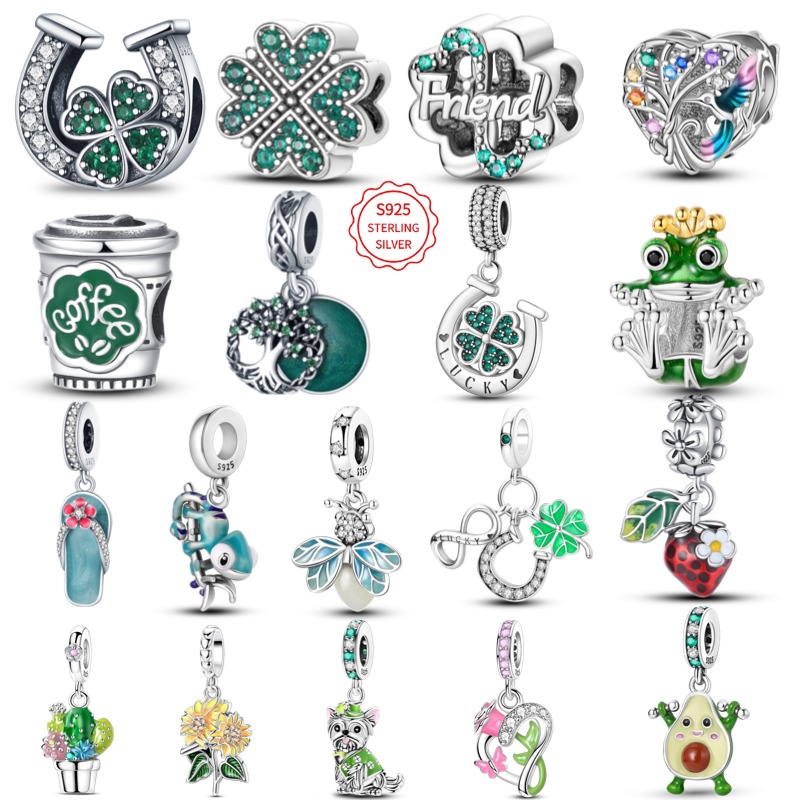 Red Clover Flower - 925 Sterling Silver Green Four-Leaf Clover